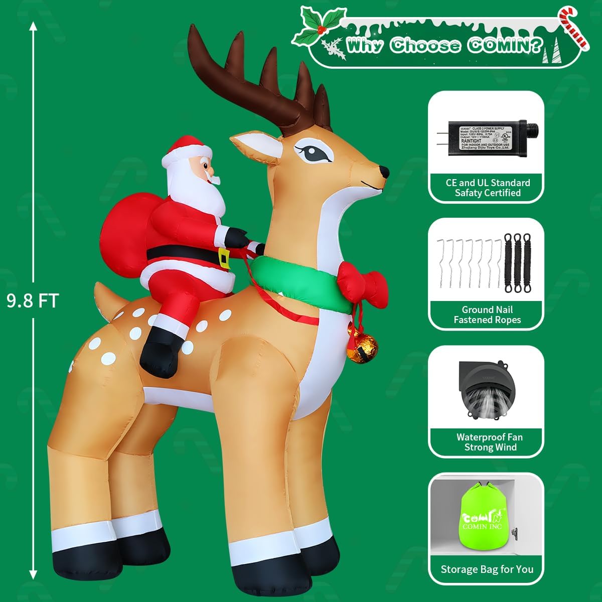 COMIN 9.8 FT Christmas Decorations Outdoor Inflatables Santa Claus Riding Reindeer Blow ups with Built-in LEDs for Yard Party Lawn Decor
