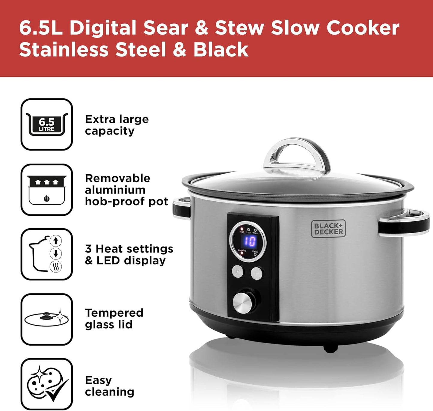 BLACK+DECKER BXSC16045GB 6.5L Digital Sear & Stew Slow Cooker, Stainless Steel & Black