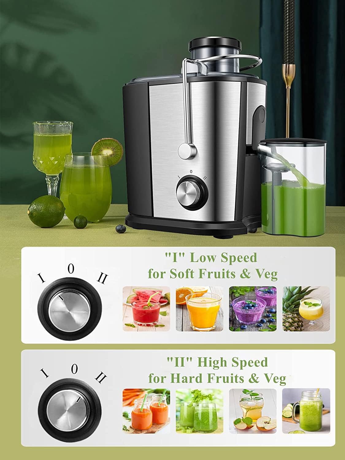 Juilist Juicer, Max Power 900W Juicer Machines with Anti-drip & Anti-slip Function, Juicers Whole Fruit and Vegetable with 3-Inch Wide Mouth Food Chute, 2 Speeds, Recipe Included, Easy to Clean 600W