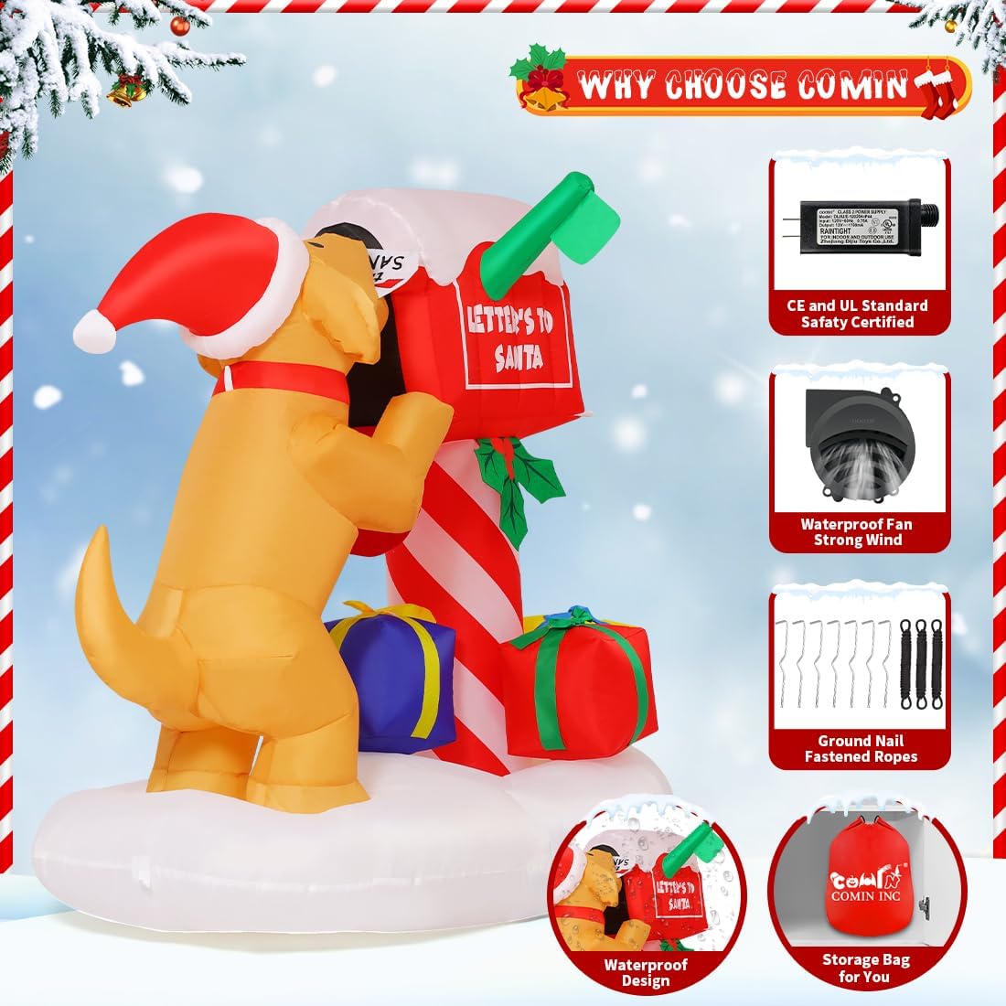 COMIN 5FT Christmas Inflatables Outdoor Decorations, Blow Up Dog and Newspaper Box Inflatable with Built-in LEDs for Christmas Indoor Outdoor Yard Lawn Garden Decorations