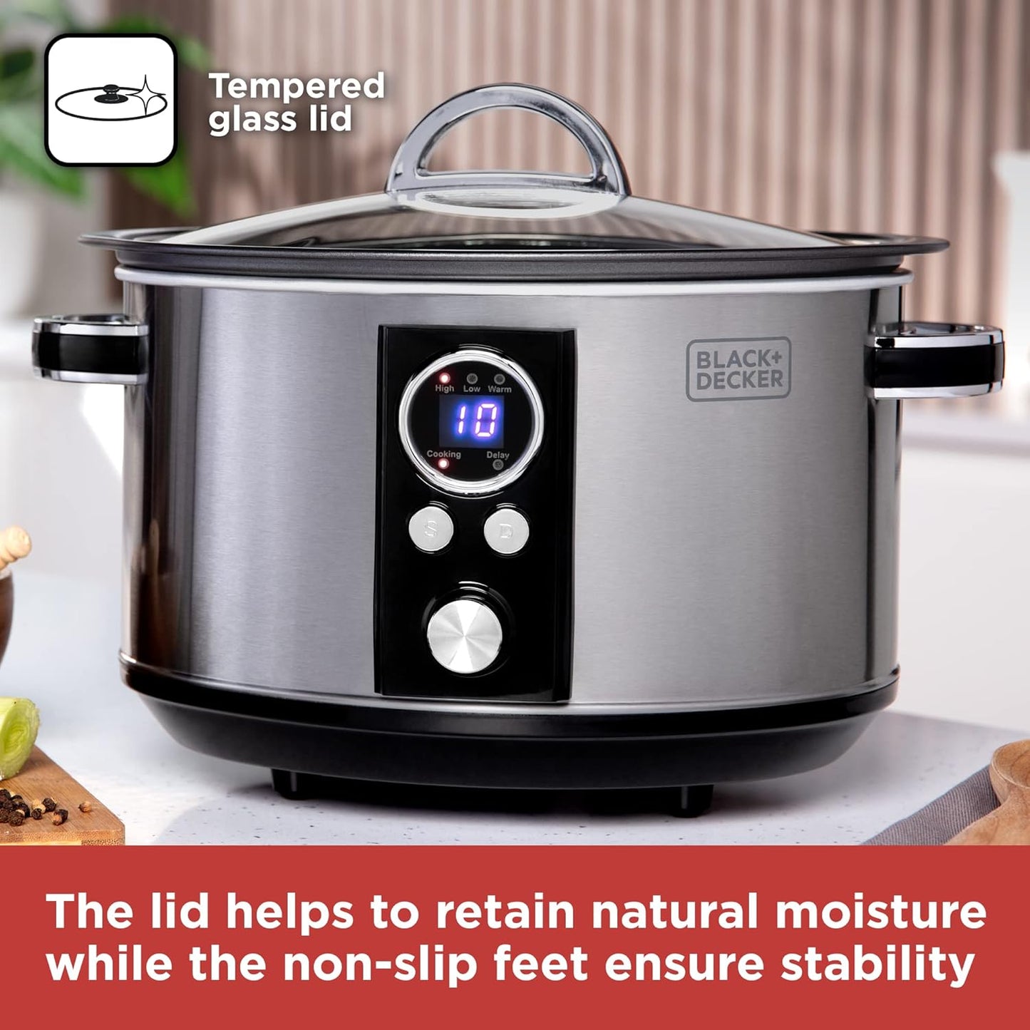 BLACK+DECKER BXSC16045GB 6.5L Digital Sear & Stew Slow Cooker, Stainless Steel & Black