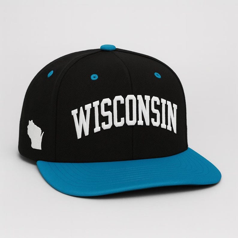 Embroidered Wisconsin State Outline Cap: Flat Bill Snapback