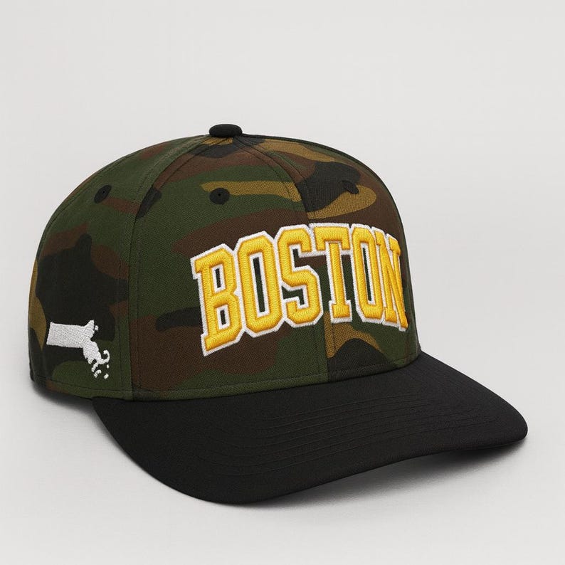 Embroidered Boston Baseball Cap: Massachusetts Outline, Flat Bill Snapback