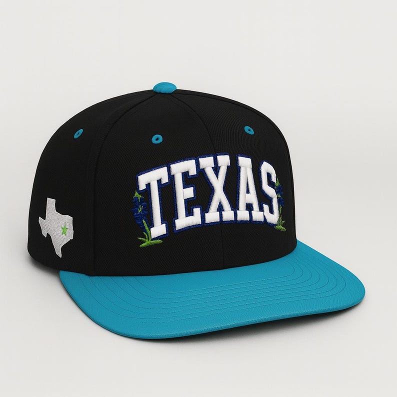 Texas Embroidered Baseball Cap: Flat Bill Snapback, State Outline