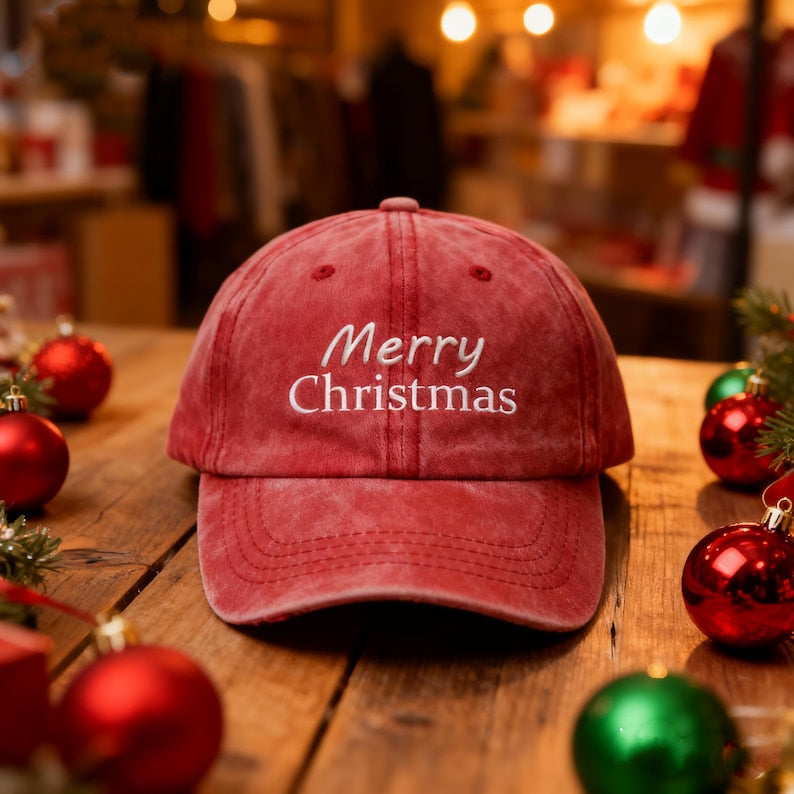 Merry Christmas Embroidered Baseball Cap | Believe Washed Dad Hat | Holiday Gift for Family & Friends