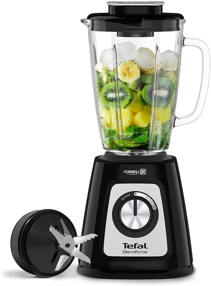 Tefal Blendforce II Blender, 2L Plastic Jug, 1.25L Effective Capacity, 600W, 4 Removable Stainless Steel Blades, Smoothie, Ice Crush, 2 Speeds + Pulse, Kitchen Shakes Maker, Black, BL420840