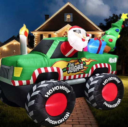 8.3FT Christmas Inflatables Monster Truck,Outdoor Inflatable Santa Claus Driving Truck with Christmas Tree Gift Boxes Xmas Blow Up Car Yard Decoration, Built-in LEDs for Garden Lawn Decor
