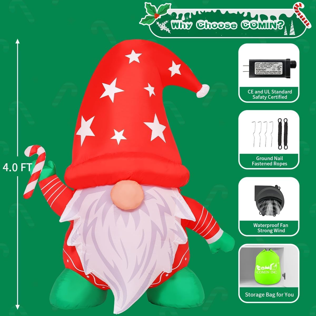 COMIN 4FT Tall Christmas Gnomes Inflatables Outdoor Decorations, Xmas Blow Up Gnomes Wearing Red Hat with Built-in LEDs for Christmas Indoor Outdoor Yard Lawn Garden Decorations