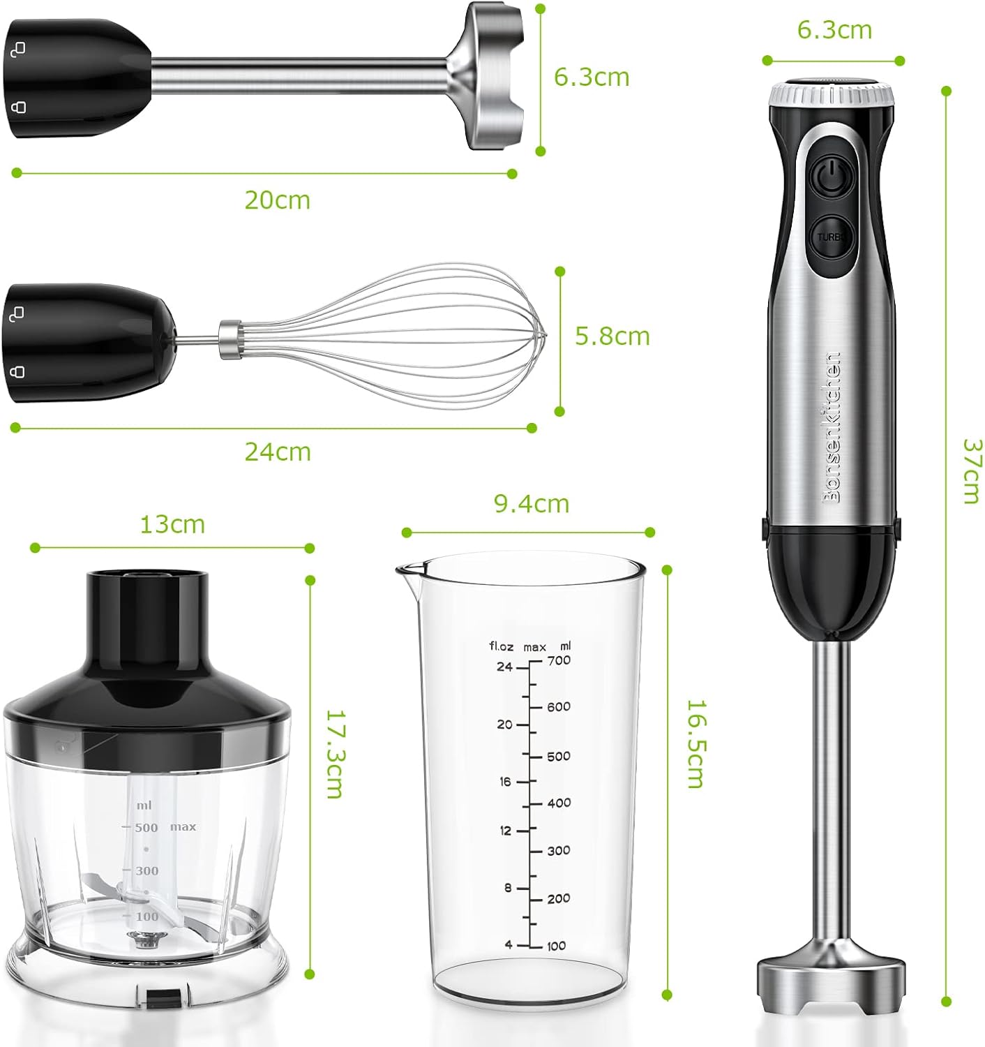 Bonsenkitchen Stainless Steel Hand Blender, 4-in-1 Stick Blender 1000W, 20 Speed Adjustable, with Whisk, 500ml Chopper and 700ml Measuring Cup, Food Processor (HB3203)