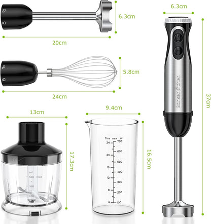 Bonsenkitchen Stainless Steel Hand Blender, 4-in-1 Stick Blender 1000W, 20 Speed Adjustable, with Whisk, 500ml Chopper and 700ml Measuring Cup, Food Processor (HB3203)