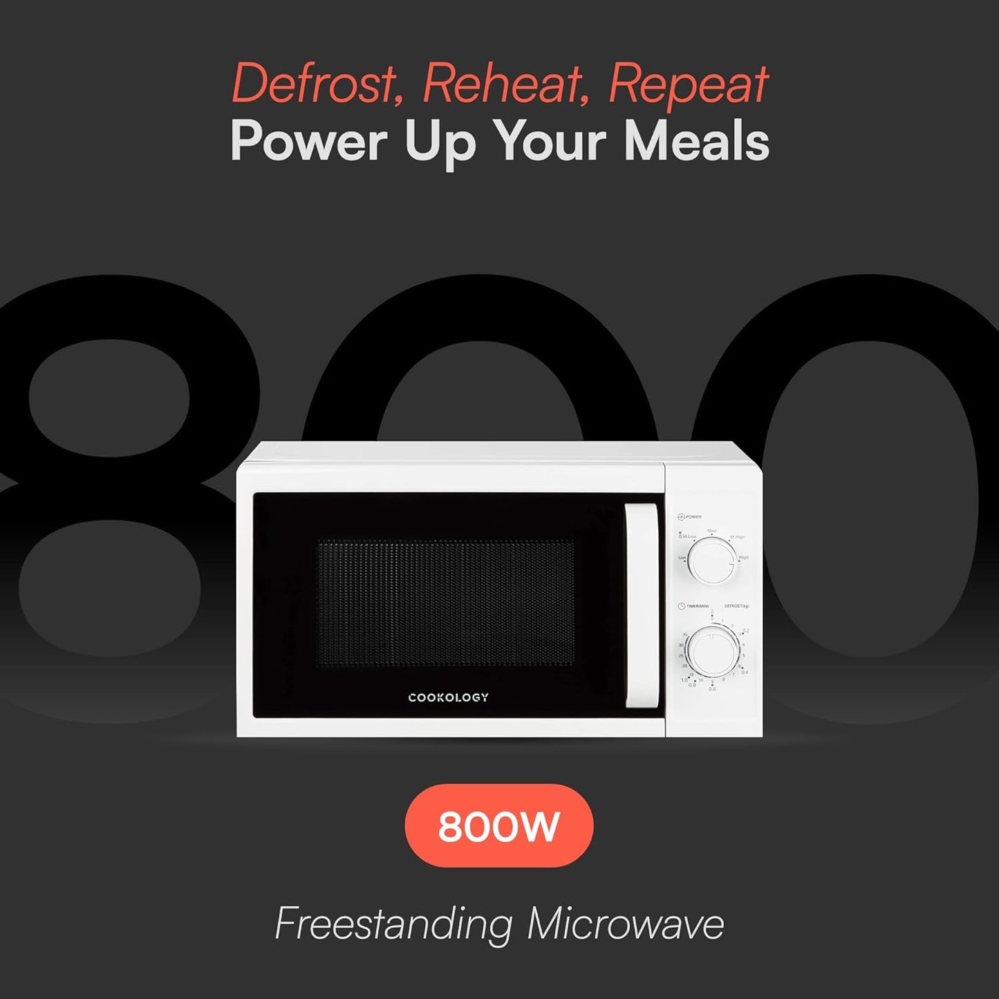 Cookology CMAFS20LWH 800W Freestanding Microwave - Digital Microwave with 20 Litre Capacity and 25cm Turntable - 5 Cooking Power Levels - Quick Defrost Setting and Dial Timer - White