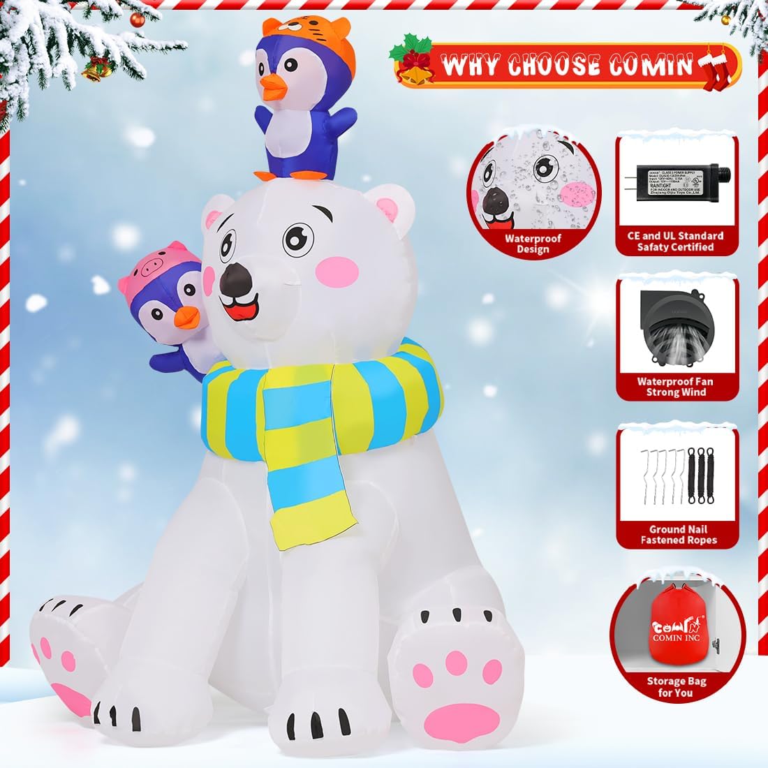 COMIN 6 FT Christmas Decorations Outdoor Inflatables Bear&Penguin Blow ups with Built-in LEDs for Yard Party Lawn Decor