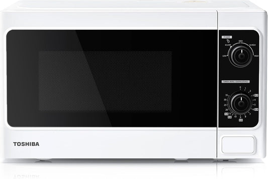 TOSHIBA 20 Liter 800W Manual Control Solo Small Microwave, Compact with 5 Power Levels, Automatic Defrost Function, Perfect for 9'' pizza, Clock and Timer, Easy Clean, White- MM-MM20P(WH)