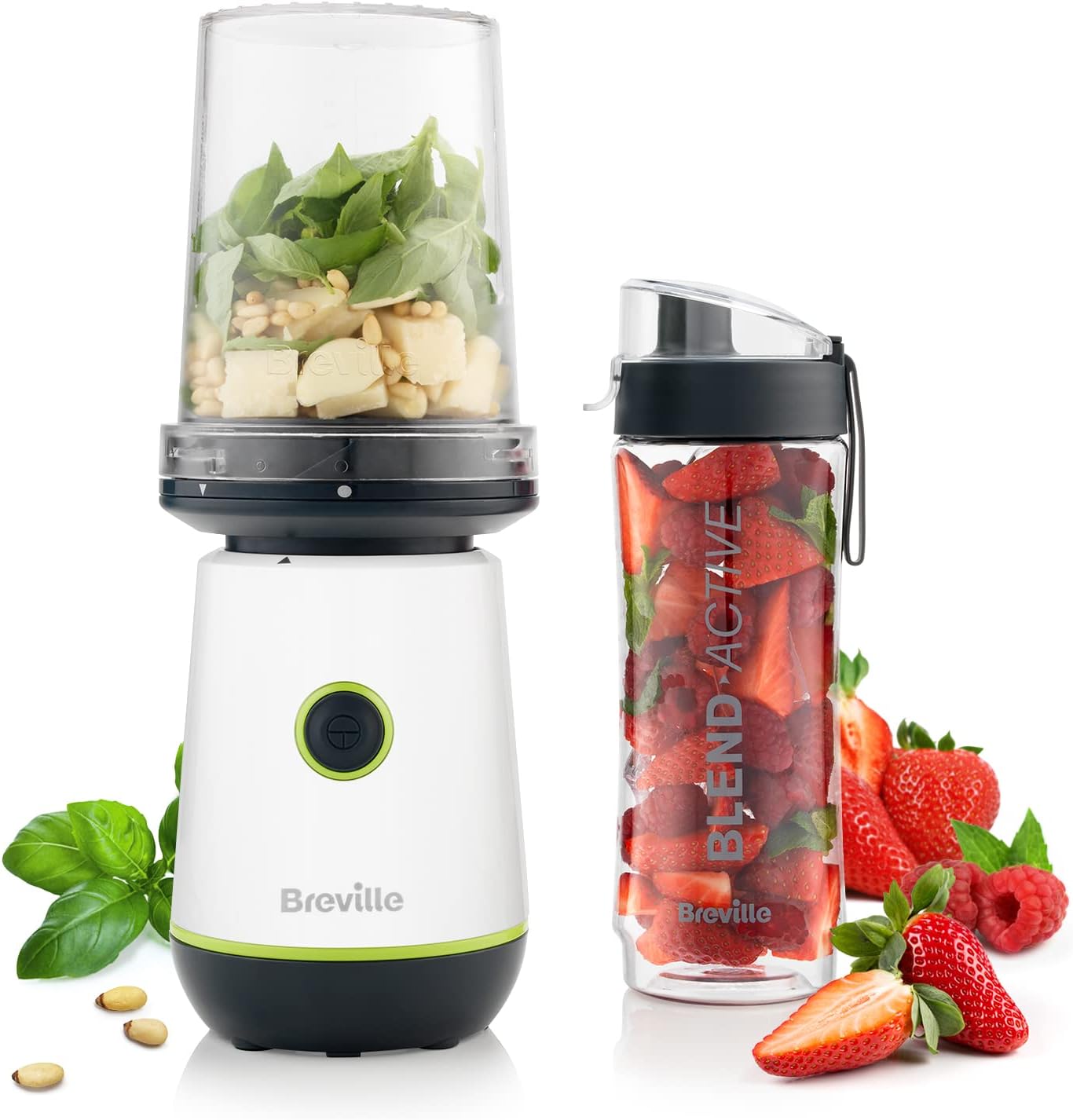Breville Blend Active Personal Blender & Smoothie Maker | 350W | 2 Portable Blend Active Bottles (600ml) | Leak Proof Lids | White & Green [VBL246]