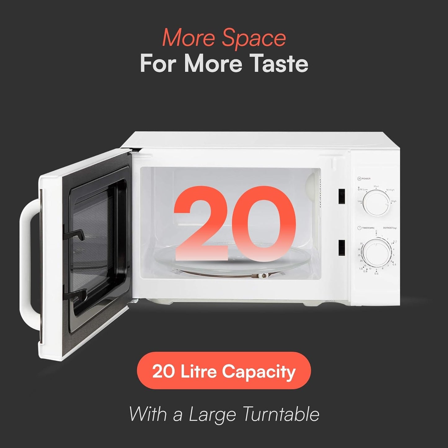 Cookology CMAFS20LWH 800W Freestanding Microwave - Digital Microwave with 20 Litre Capacity and 25cm Turntable - 5 Cooking Power Levels - Quick Defrost Setting and Dial Timer - White