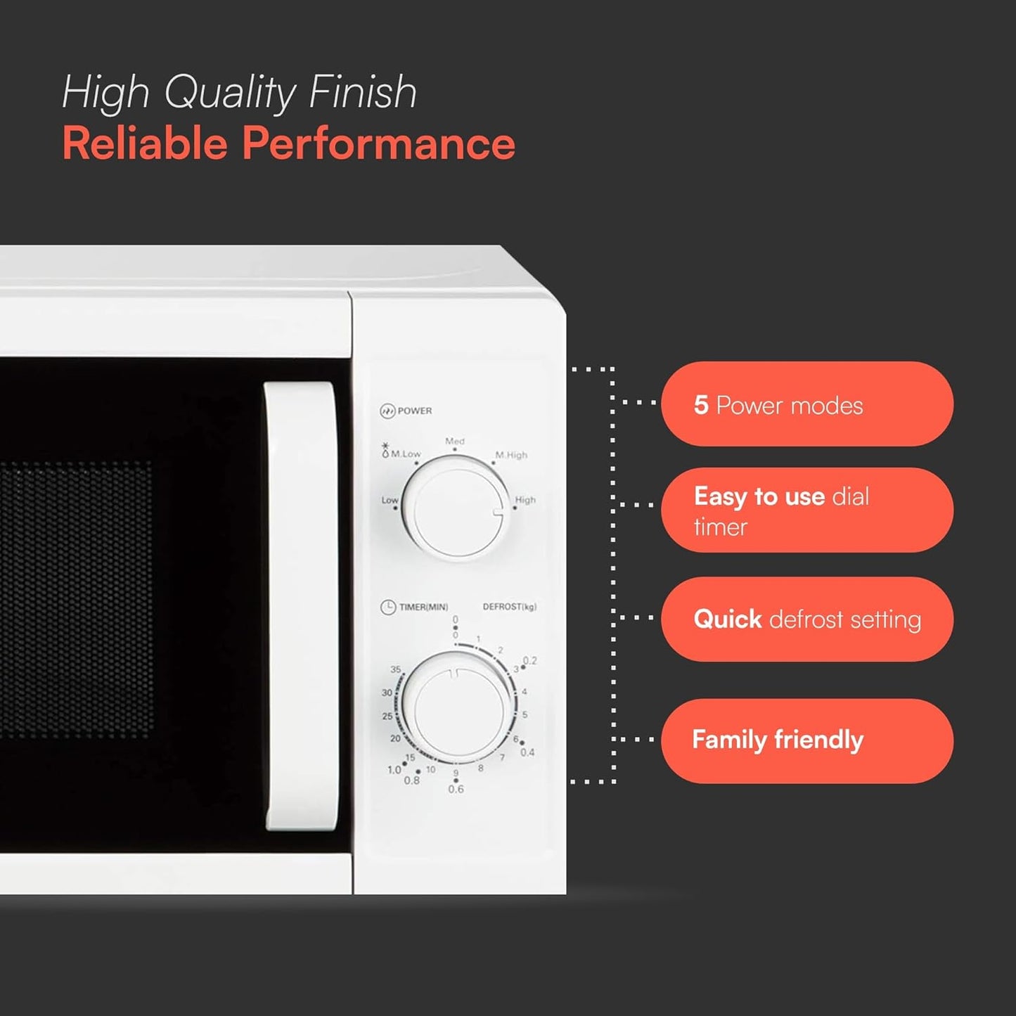 Cookology CMAFS20LWH 800W Freestanding Microwave - Digital Microwave with 20 Litre Capacity and 25cm Turntable - 5 Cooking Power Levels - Quick Defrost Setting and Dial Timer - White