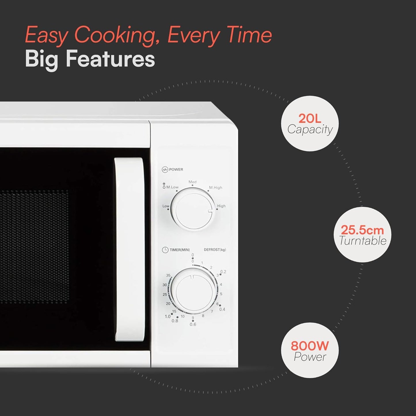 Cookology CMAFS20LWH 800W Freestanding Microwave - Digital Microwave with 20 Litre Capacity and 25cm Turntable - 5 Cooking Power Levels - Quick Defrost Setting and Dial Timer - White
