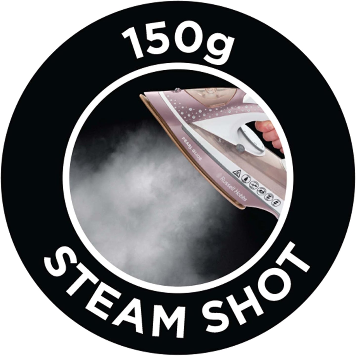 Russell Hobbs Pearl Glide Steam Iron, Pearl Infused Ceramic Soleplate for smoother glide, 315ml Water Tank, 150g Steam Shot, 40g Continuous steam, Anti-drip & Anti-calc function, 2m Cord, 2600W, 23972