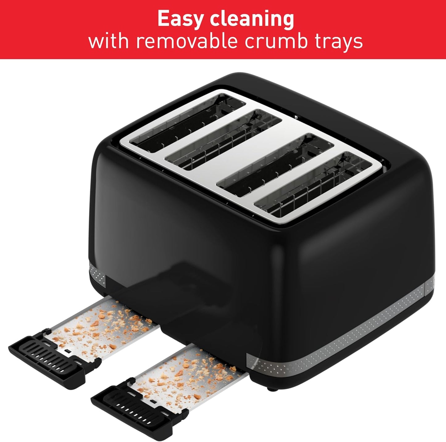 Tefal Soleil 4-Slot Toaster, 7 Browning Levels, Defrost, Stop + Reheat Functions, Removable Crumb Tray, High-lift + Self-Centring Racks, 1,430W, TF3058G0, Premium Glossy Black