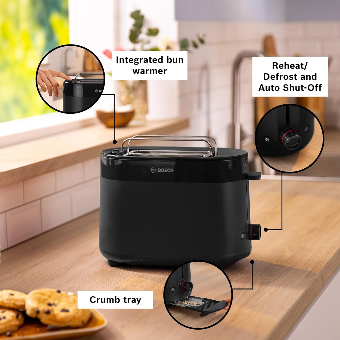 Bosch MyMoment Delight TAT2M123GB - Compact 2-Slice Toaster with Reheat/Defrost, Integrated Bun Warmer, Auto Shut-Off, High Lift and Crumb Tray, in Matte Black