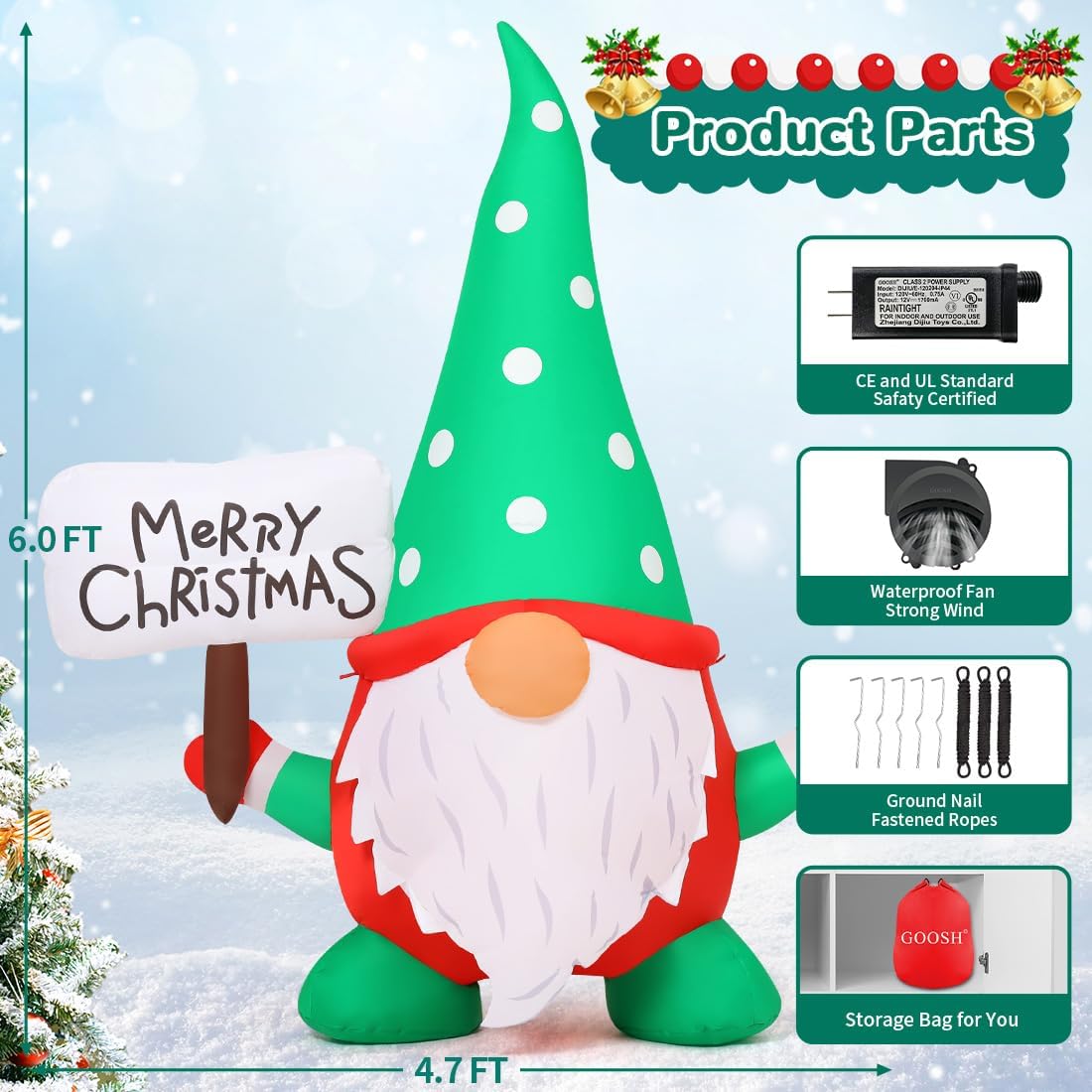 GOOSH 6 FT Christmas Inflatables Outdoor Gnome Decorations, Xmas Blow Up Yard Decor, Built-in LED Lights for Holiday Outdoor Indoor Lawn Garden