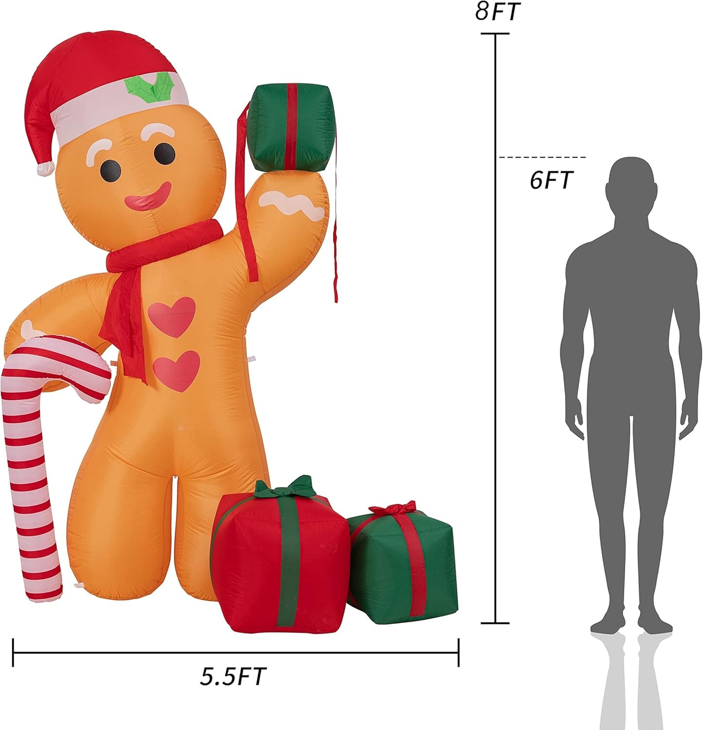 Peyton 8FT Inflatable Gingerbread Man with Candy Cane and Three Gift Boxes,LED Lighted Christmas Decoration Indoor and Outdoor.