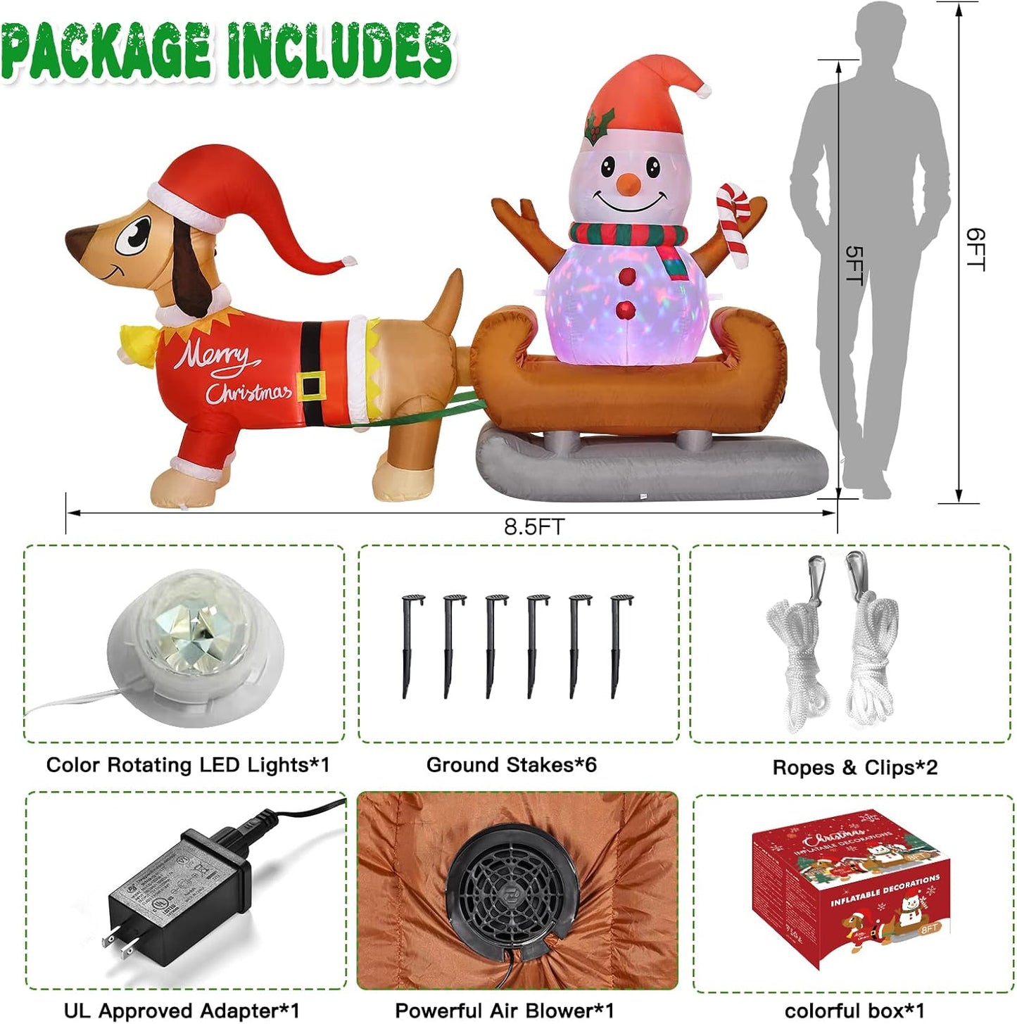 8 Ft Outdoor Inflatable Snowman Christmas Decoration with Rotating LED Lights, Dog Inflatable Xmas Yard Decor