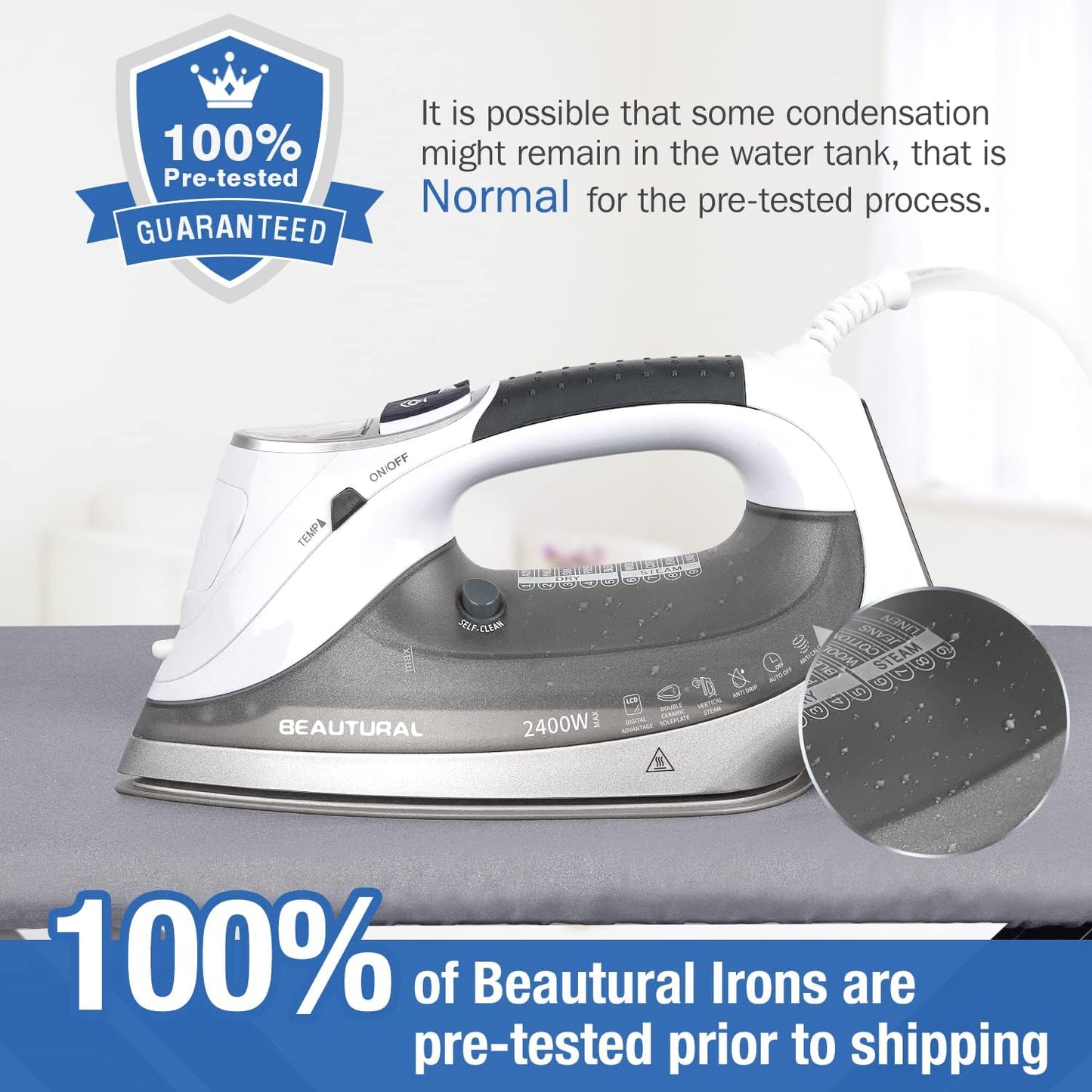 BEAUTURAL 2400 W Steam Iron with LCD Display, Variable Temperature and Double Ceramic Coated Soleplate, 8 ft Power Cord and 340ML Tank-White/Grey