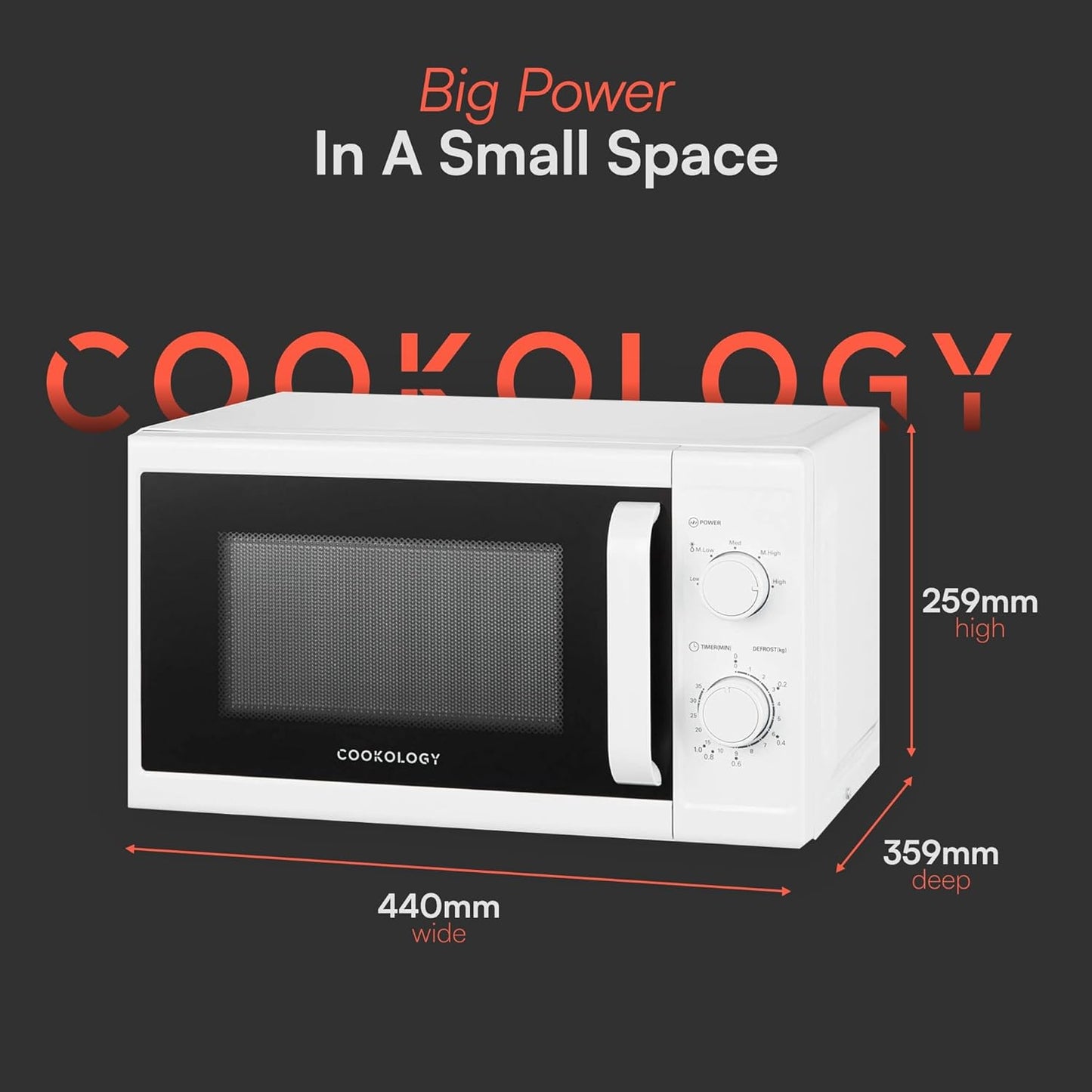 Cookology CMAFS20LWH 800W Freestanding Microwave - Digital Microwave with 20 Litre Capacity and 25cm Turntable - 5 Cooking Power Levels - Quick Defrost Setting and Dial Timer - White