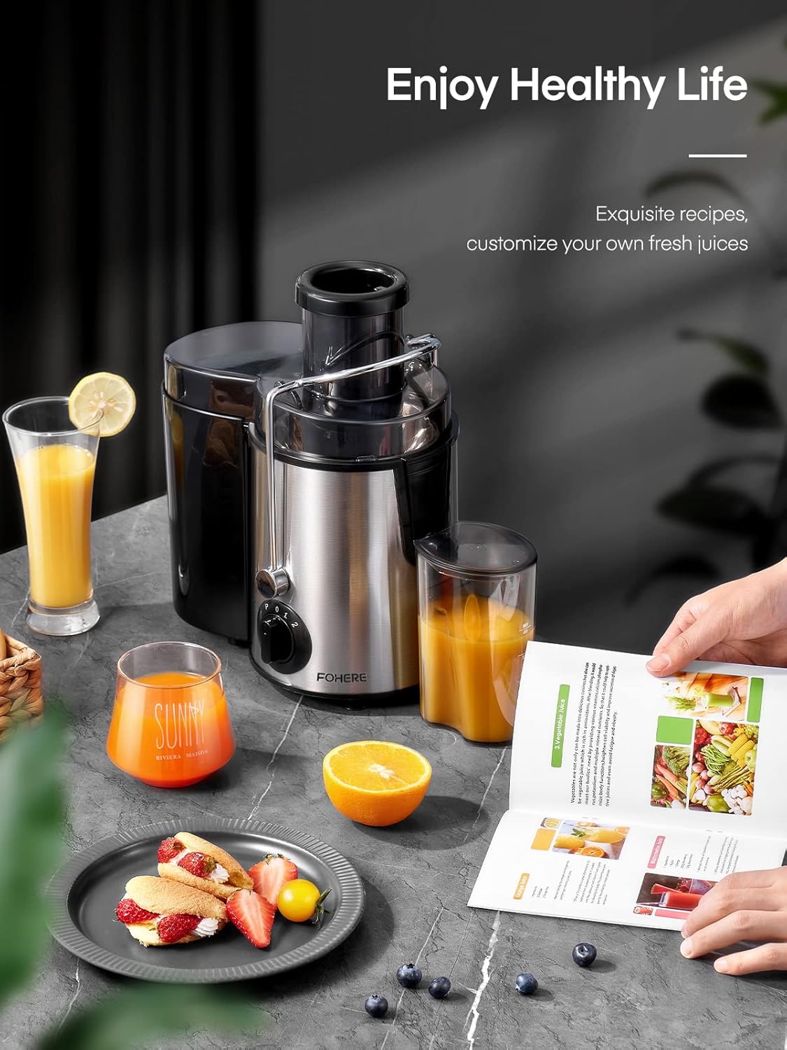 Juicer Machines, FOHERE Centrifugal Juicer Extractor Max Power 900W,Large 3” Feed Chute for Whole Fruit and Vegetables,3 Speed Control, 400w Motor,Cleaning Brush and Recipe Included (Silver)
