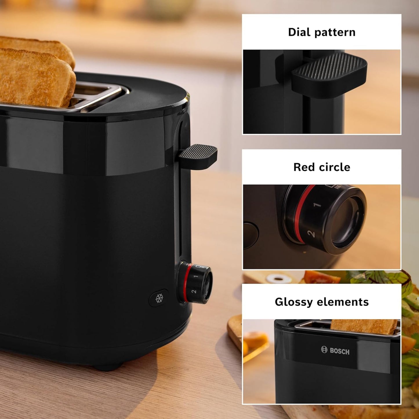 Bosch MyMoment Delight TAT2M123GB - Compact 2-Slice Toaster with Reheat/Defrost, Integrated Bun Warmer, Auto Shut-Off, High Lift and Crumb Tray, in Matte Black