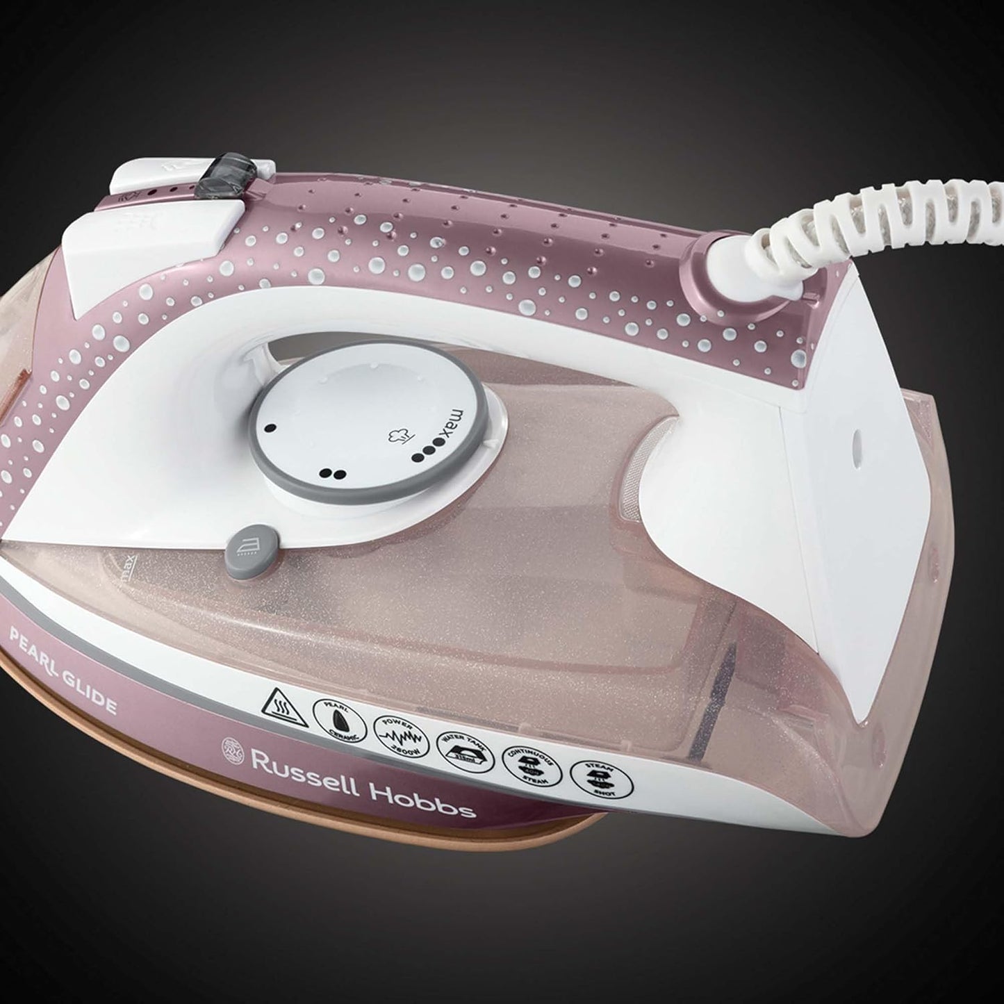 Russell Hobbs Pearl Glide Steam Iron, Pearl Infused Ceramic Soleplate for smoother glide, 315ml Water Tank, 150g Steam Shot, 40g Continuous steam, Anti-drip & Anti-calc function, 2m Cord, 2600W, 23972
