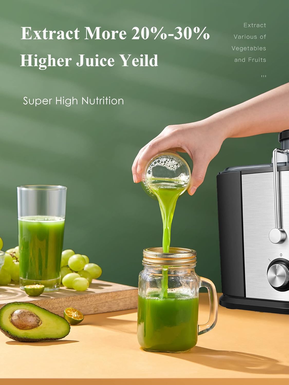 Juilist Juicer, Max Power 900W Juicer Machines with Anti-drip & Anti-slip Function, Juicers Whole Fruit and Vegetable with 3-Inch Wide Mouth Food Chute, 2 Speeds, Recipe Included, Easy to Clean 600W