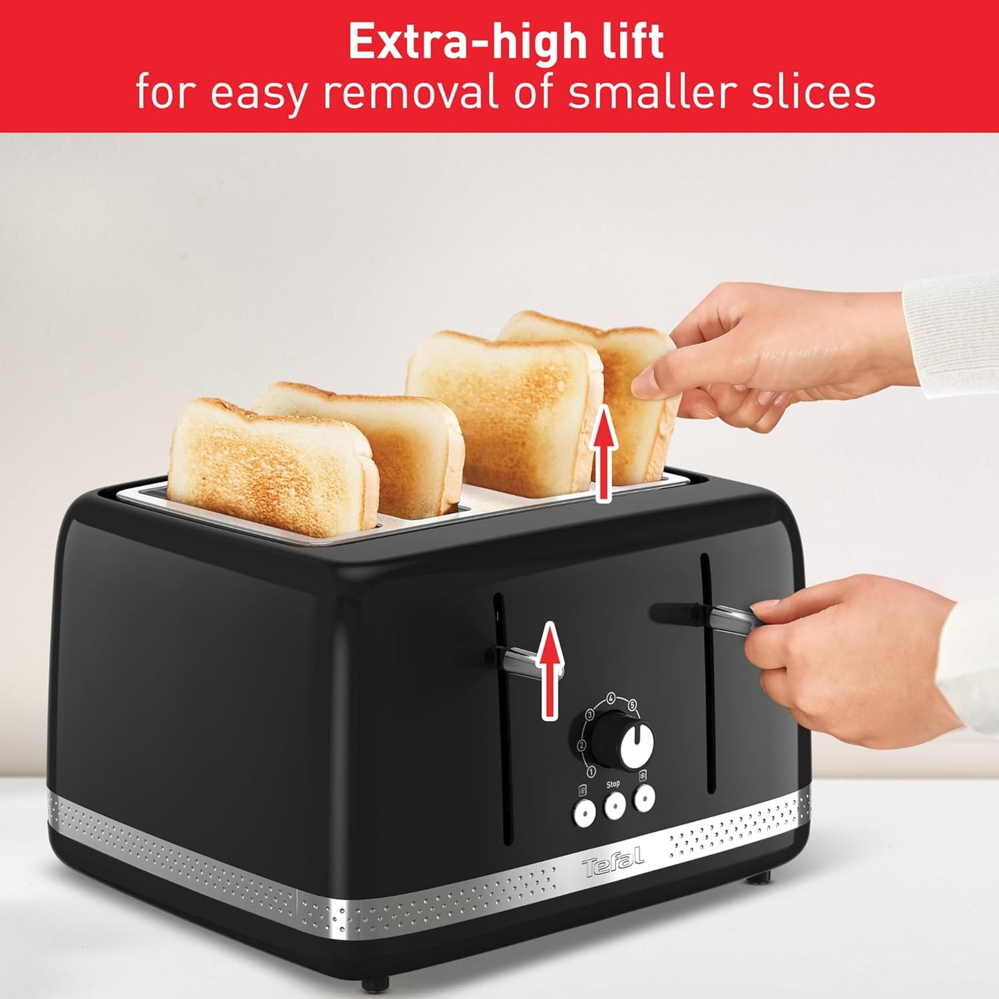 Tefal Soleil 4-Slot Toaster, 7 Browning Levels, Defrost, Stop + Reheat Functions, Removable Crumb Tray, High-lift + Self-Centring Racks, 1,430W, TF3058G0, Premium Glossy Black