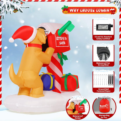 COMIN 5FT Christmas Inflatables Outdoor Decorations, Blow Up Dog and Newspaper Box Inflatable with Built-in LEDs for Christmas Indoor Outdoor Yard Lawn Garden Decorations