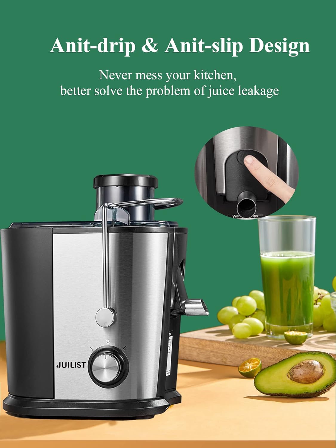 Juilist Juicer, Max Power 900W Juicer Machines with Anti-drip & Anti-slip Function, Juicers Whole Fruit and Vegetable with 3-Inch Wide Mouth Food Chute, 2 Speeds, Recipe Included, Easy to Clean 600W