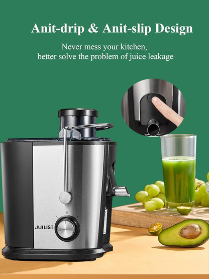 Juilist Juicer, Max Power 900W Juicer Machines with Anti-drip & Anti-slip Function, Juicers Whole Fruit and Vegetable with 3-Inch Wide Mouth Food Chute, 2 Speeds, Recipe Included, Easy to Clean 600W
