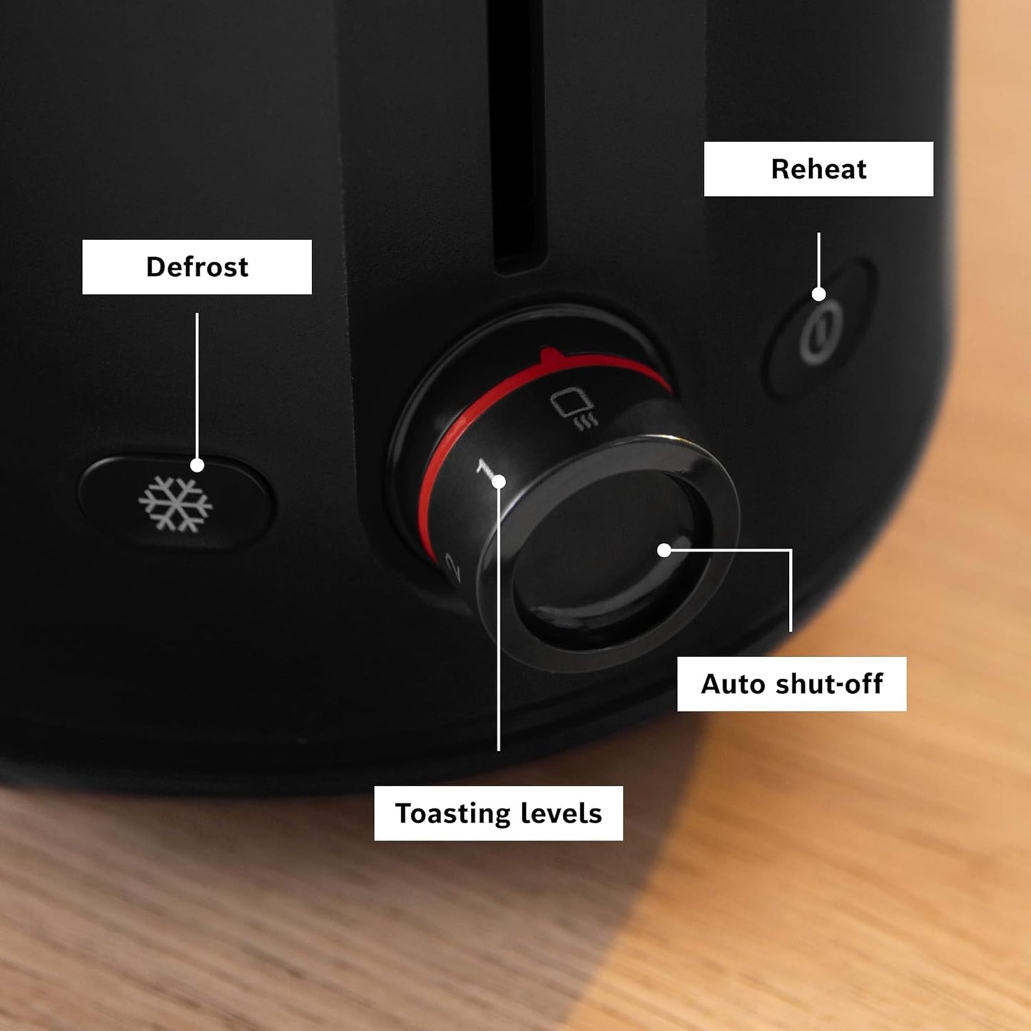 Bosch MyMoment Delight TAT2M123GB - Compact 2-Slice Toaster with Reheat/Defrost, Integrated Bun Warmer, Auto Shut-Off, High Lift and Crumb Tray, in Matte Black