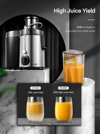 Juicer Machines, FOHERE Centrifugal Juicer Extractor Max Power 900W,Large 3” Feed Chute for Whole Fruit and Vegetables,3 Speed Control, 400w Motor,Cleaning Brush and Recipe Included (Silver)