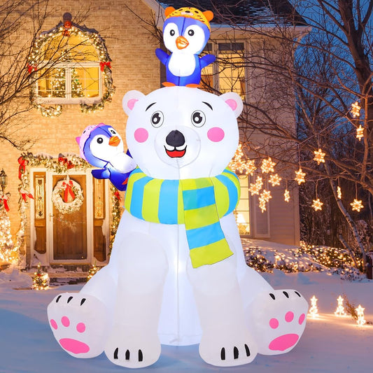 COMIN 6 FT Christmas Decorations Outdoor Inflatables Bear&Penguin Blow ups with Built-in LEDs for Yard Party Lawn Decor