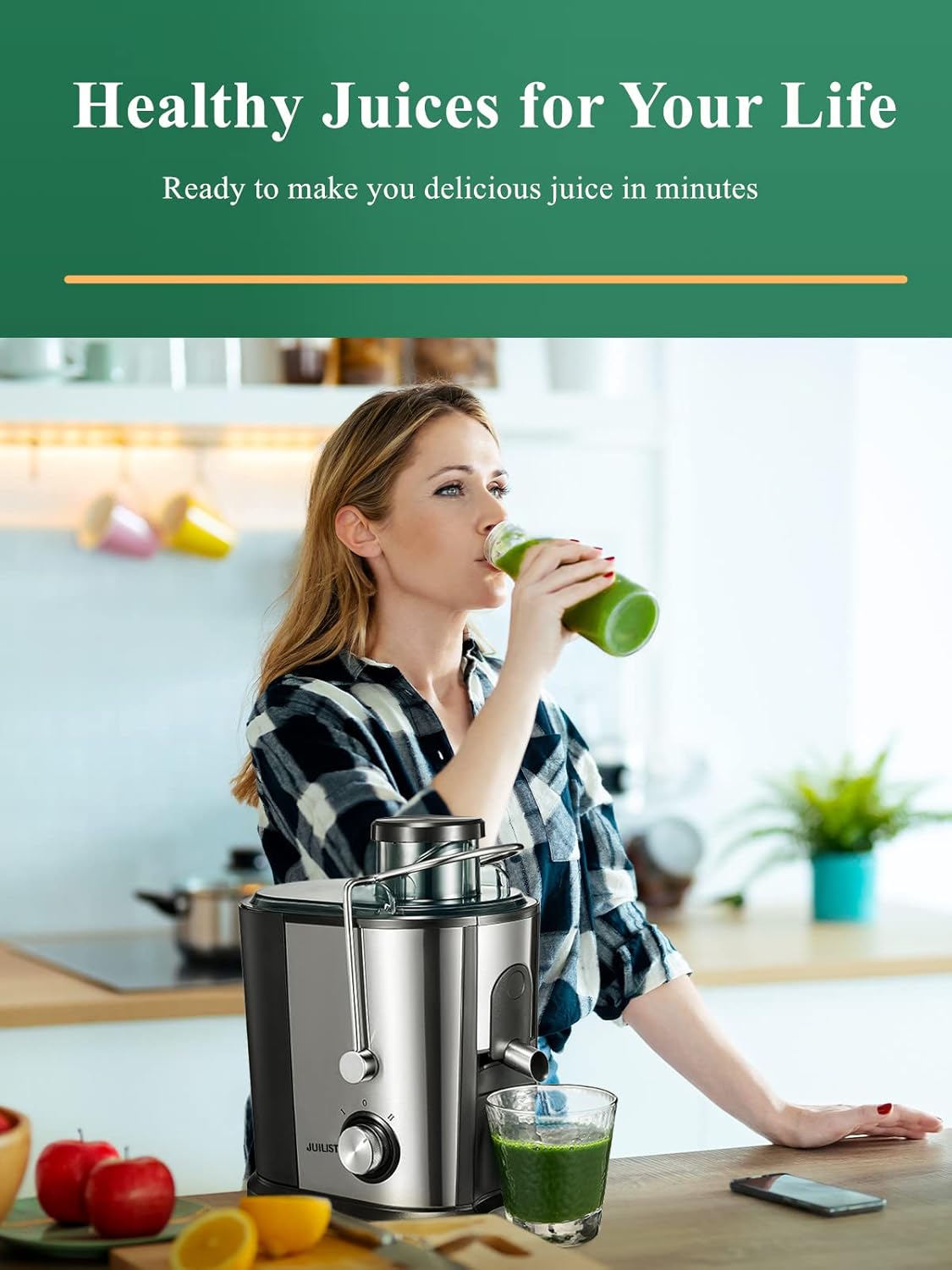 Juilist Juicer, Max Power 900W Juicer Machines with Anti-drip & Anti-slip Function, Juicers Whole Fruit and Vegetable with 3-Inch Wide Mouth Food Chute, 2 Speeds, Recipe Included, Easy to Clean 600W