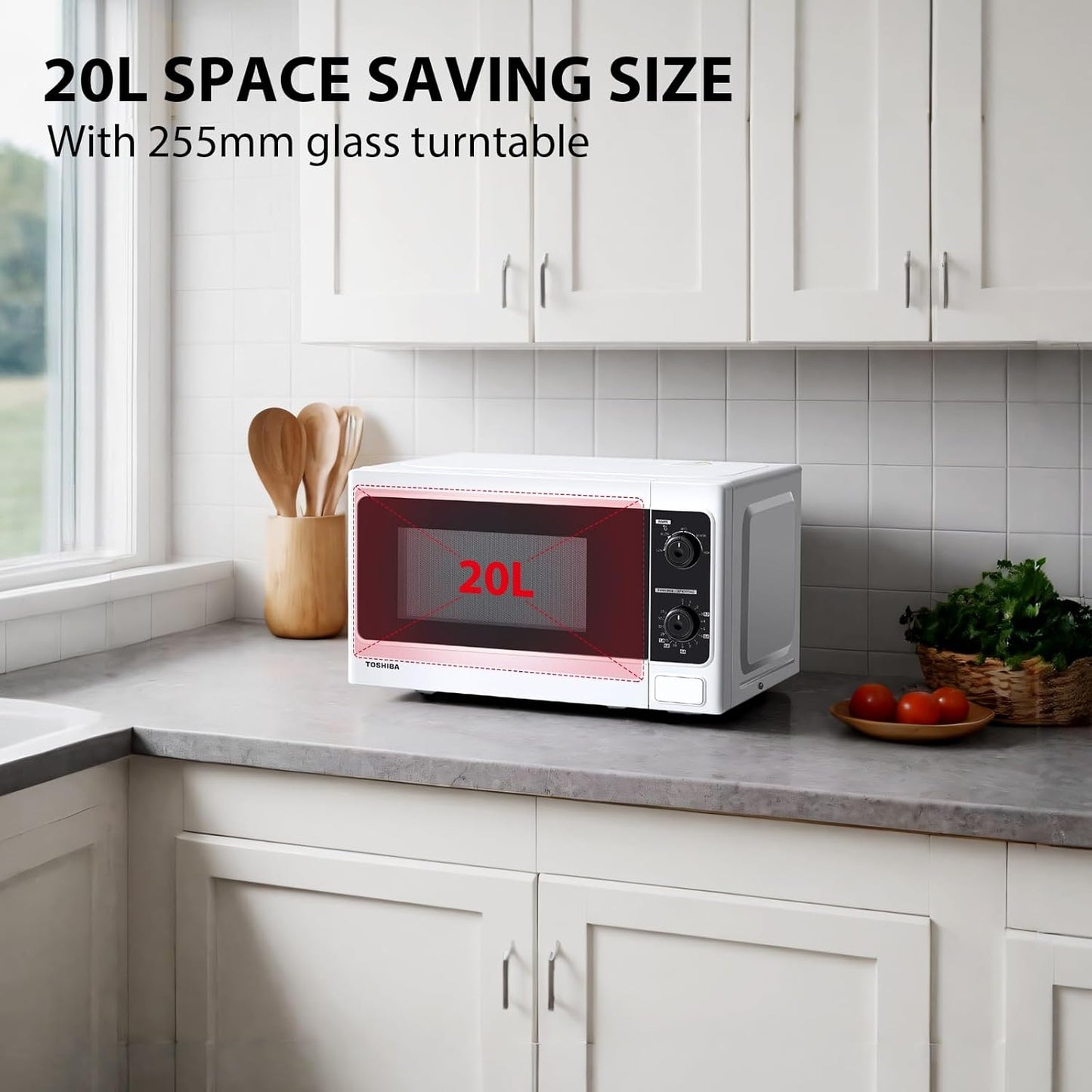 TOSHIBA 20 Liter 800W Manual Control Solo Small Microwave, Compact with 5 Power Levels, Automatic Defrost Function, Perfect for 9'' pizza, Clock and Timer, Easy Clean, White- MM-MM20P(WH)