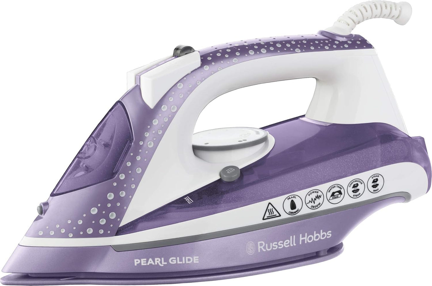 Russell Hobbs Pearl Glide Steam Iron, Pearl Infused Ceramic Soleplate for smoother glide, 315ml Water Tank, 150g Steam Shot, 40g Continuous steam, Anti-drip & Anti-calc function, 2m Cord, 2600W, 23972
