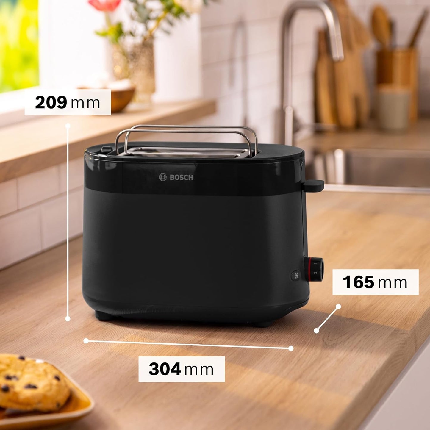 Bosch MyMoment Delight TAT2M123GB - Compact 2-Slice Toaster with Reheat/Defrost, Integrated Bun Warmer, Auto Shut-Off, High Lift and Crumb Tray, in Matte Black