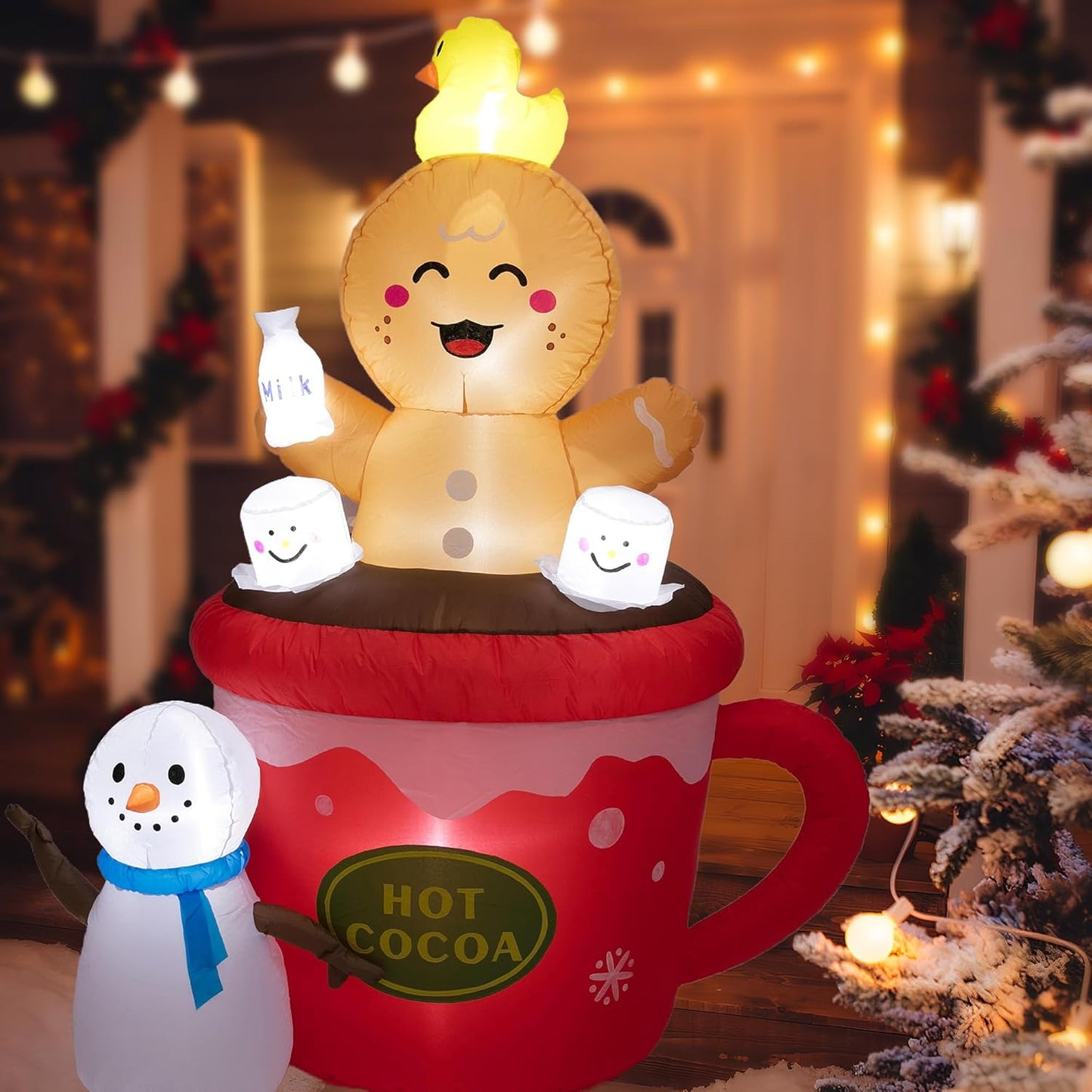 Peyton 8FT Inflatable Gingerbread Man with Candy Cane and Three Gift Boxes,LED Lighted Christmas Decoration Indoor and Outdoor.