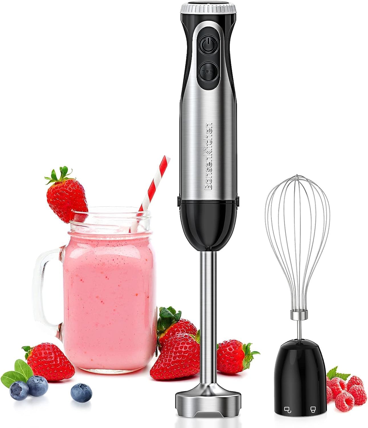 Bonsenkitchen Stainless Steel Hand Blender, 4-in-1 Stick Blender 1000W, 20 Speed Adjustable, with Whisk, 500ml Chopper and 700ml Measuring Cup, Food Processor (HB3203)