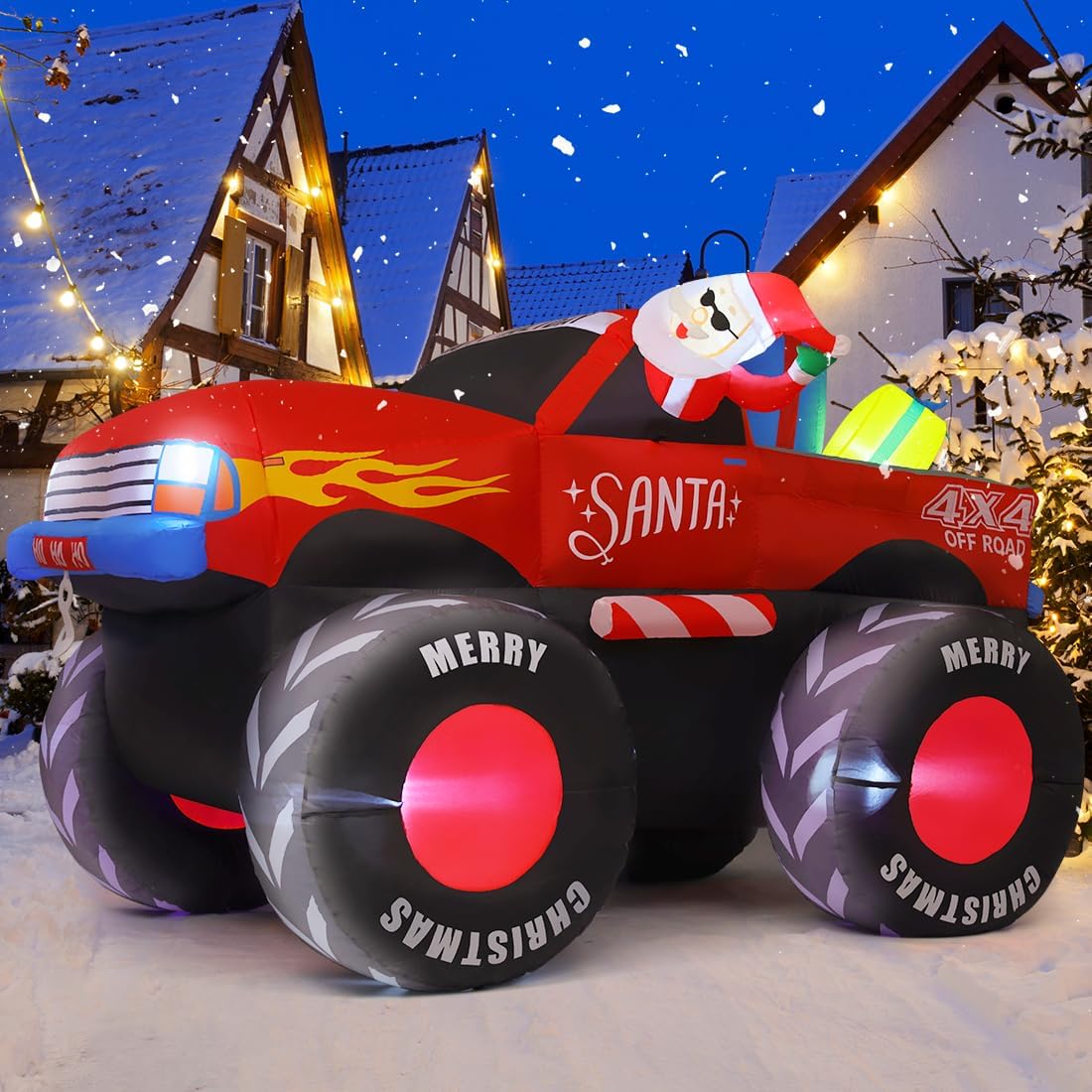 GOOSH 7.5 FT Long Christmas Inflatables Monster Truck Outdoor Decorations Blow Up Yard Santa Claus with Presents on Truck with Built-in LEDs for Garden Lawn Indoor Party Décor