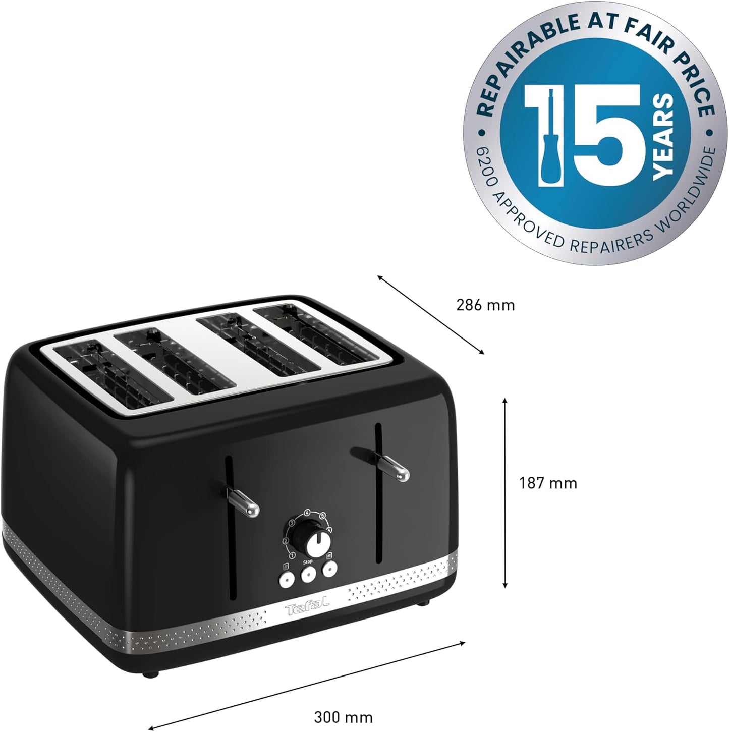 Tefal Soleil 4-Slot Toaster, 7 Browning Levels, Defrost, Stop + Reheat Functions, Removable Crumb Tray, High-lift + Self-Centring Racks, 1,430W, TF3058G0, Premium Glossy Black