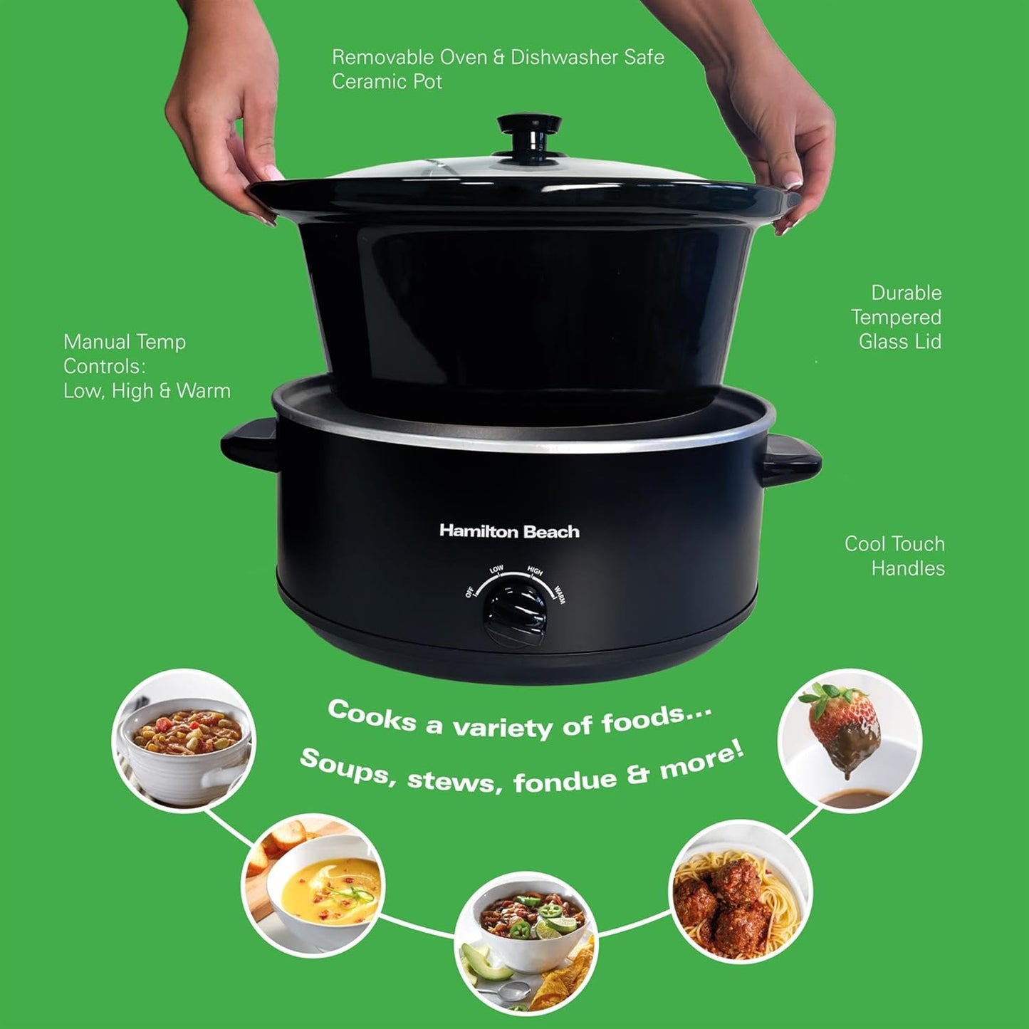 Hamilton Beach 6.5L Family Favourite Slow Cooker, 240W Energy-Efficient Design, Removable Oven-Safe Ceramic Bowl, 3 Heat Settings, Serves 6-8 People, Easy Clean, Black - HBSC070B