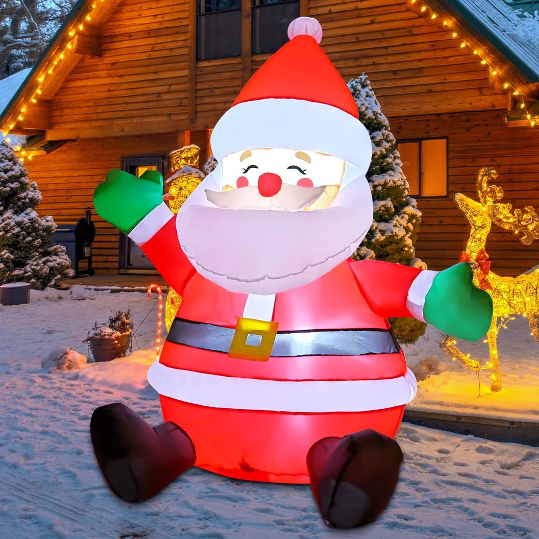 GOOSH 5 FT Christmas Inflatables Santa Claus Outdoor Decorations Blow Up Yard Sitting Santa Claus with Built-in LEDs for Holiday Xmas Garden Lawn Decor
